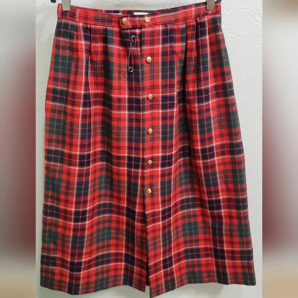 JG Hook| Vintage| 100% Wool Tartan Plaid Scottish Style Midi A-line Kilt Skirt